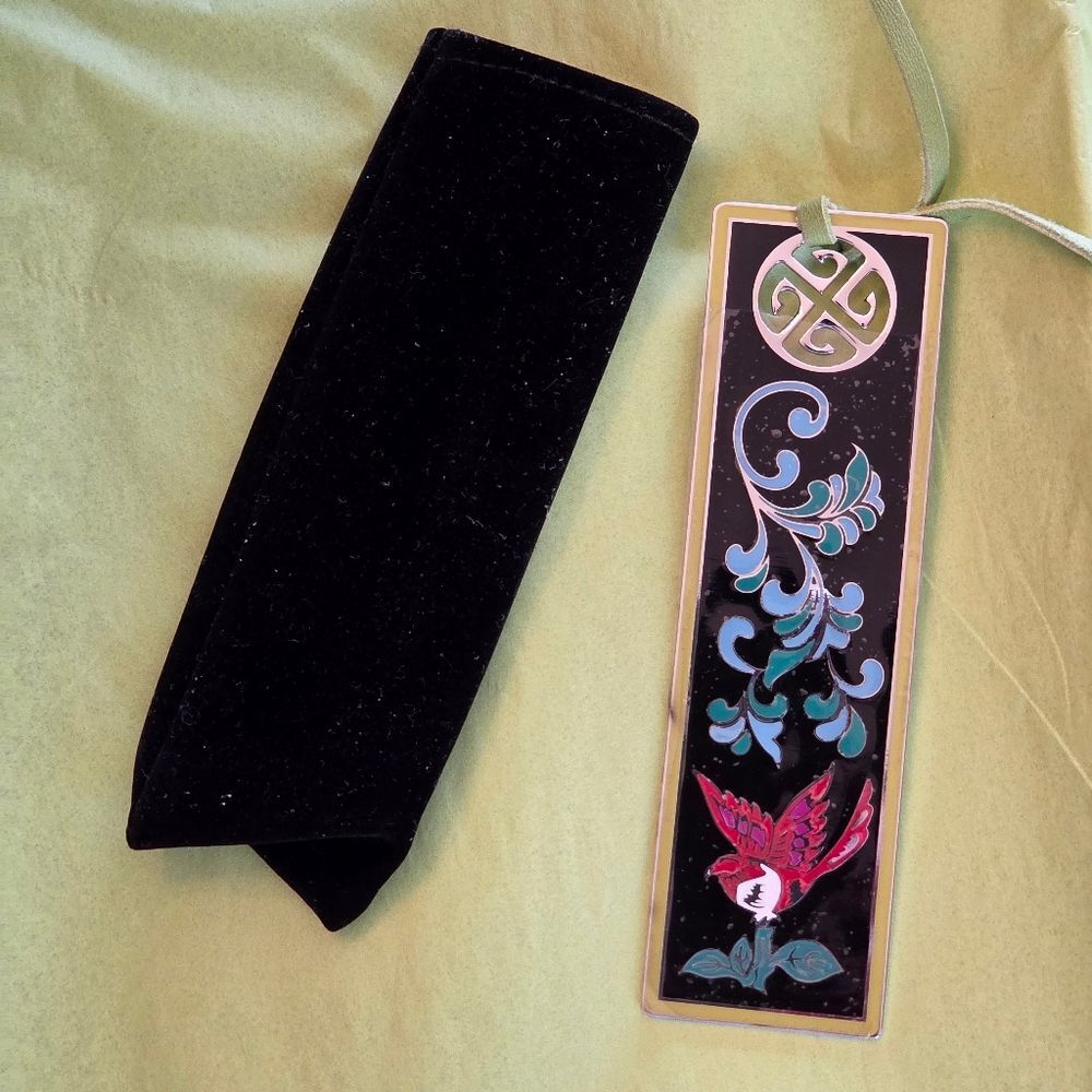Enameled Metal Cloisonne Bookmark Colorful Bird Floral Rectangular NWOT